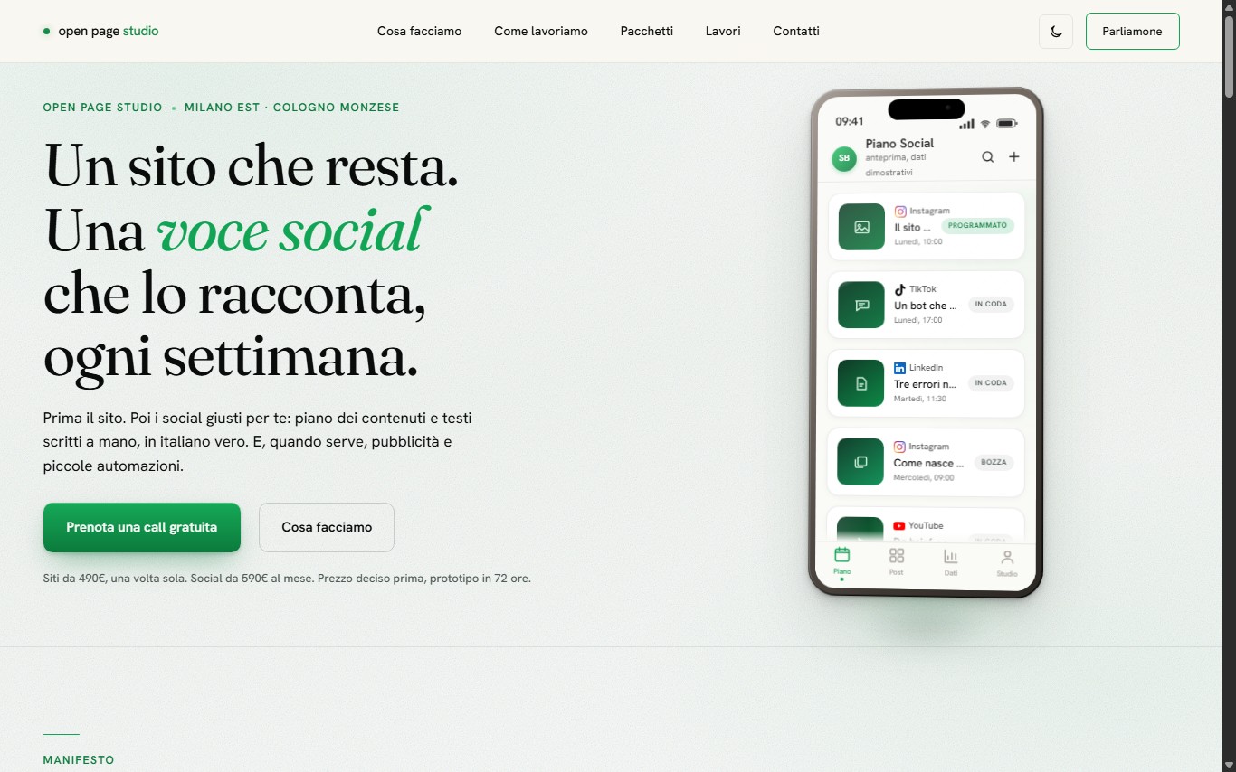 Hero di Open Page Studio: un sito che resta e una voce social